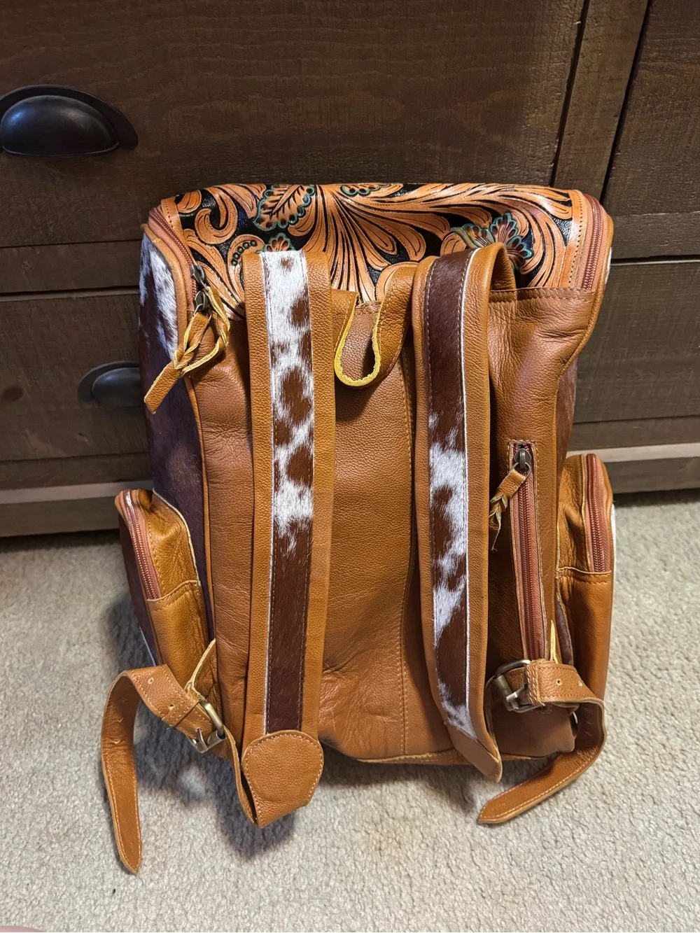 Tooled Leather Floral Backpack With Brown Cowhide